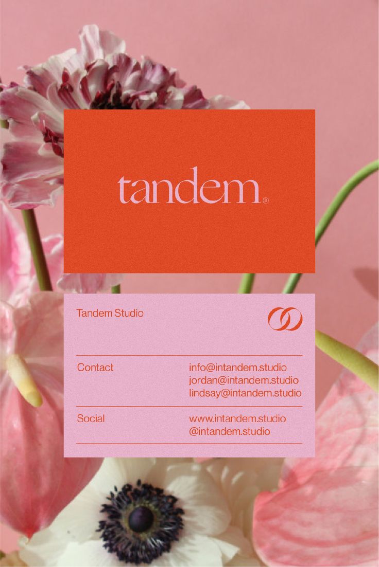 a pink and red business card sitting on top of a bouquet of white and pink flowers