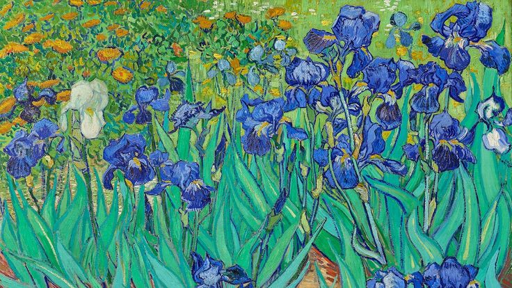 a painting of blue irises in a field