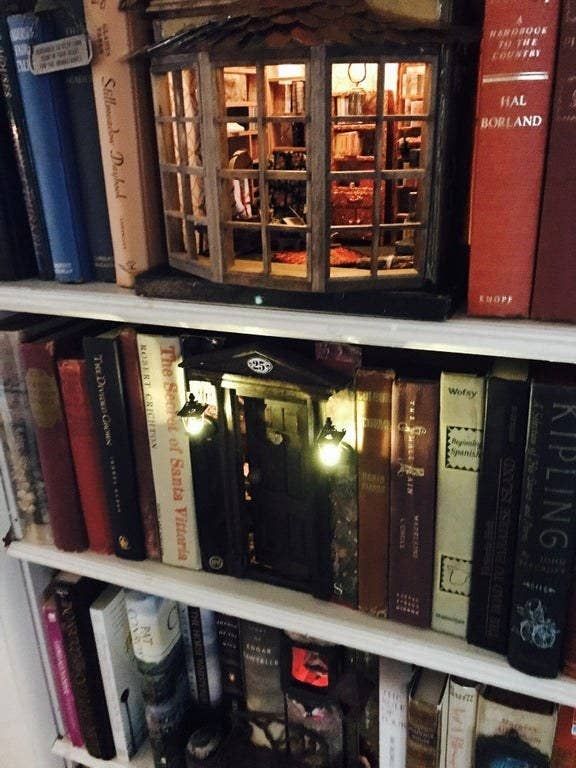 two bookshelves filled with lots of books and some lights on top of them