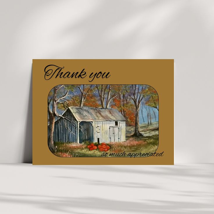 a thank card with an image of a barn