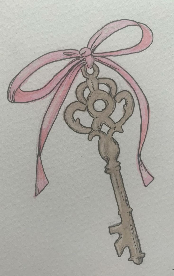 a drawing of an old key with a pink ribbon tied around it's neck