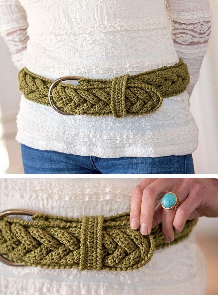 a woman wearing a green belt with a ring on it and another photo of the belt