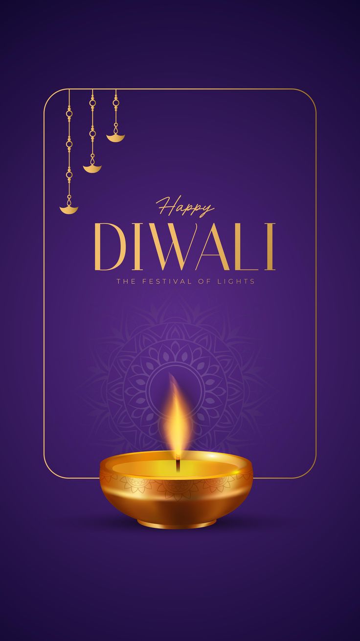 happy diwali greeting card with golden candle on purple background