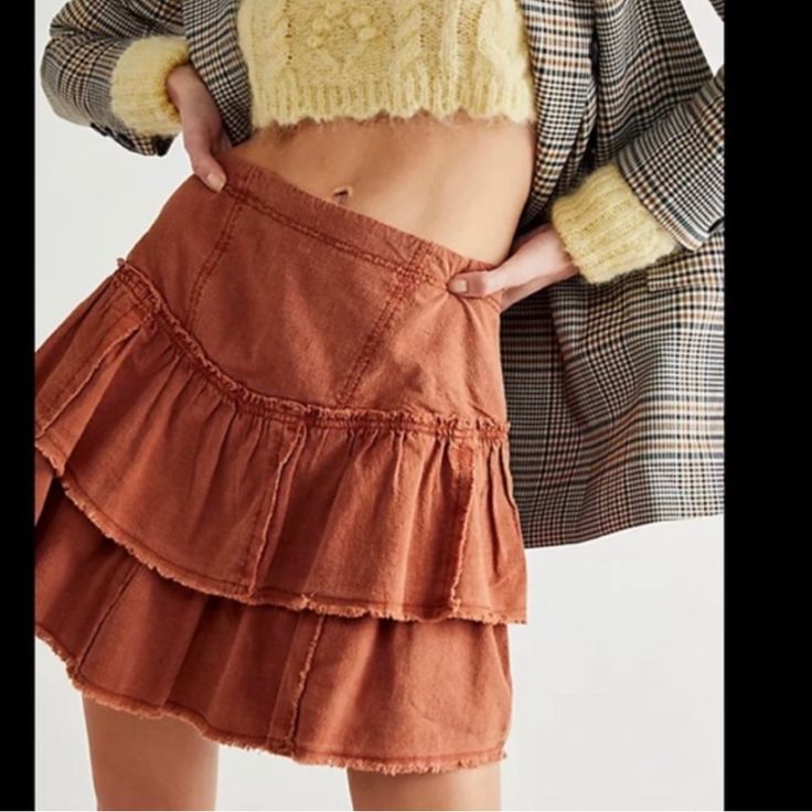 Adorable Free People Layered Ruffle Skirt In A Rust Color. Size Large Yellow Mini Skirt, Burgundy Skirt, Free People Maxi, Belted Mini Skirt, Tiered Mini Skirt, Velvet Mini Skirt, Buy Skirts, Ruffle Mini Skirt, Free People Skirt