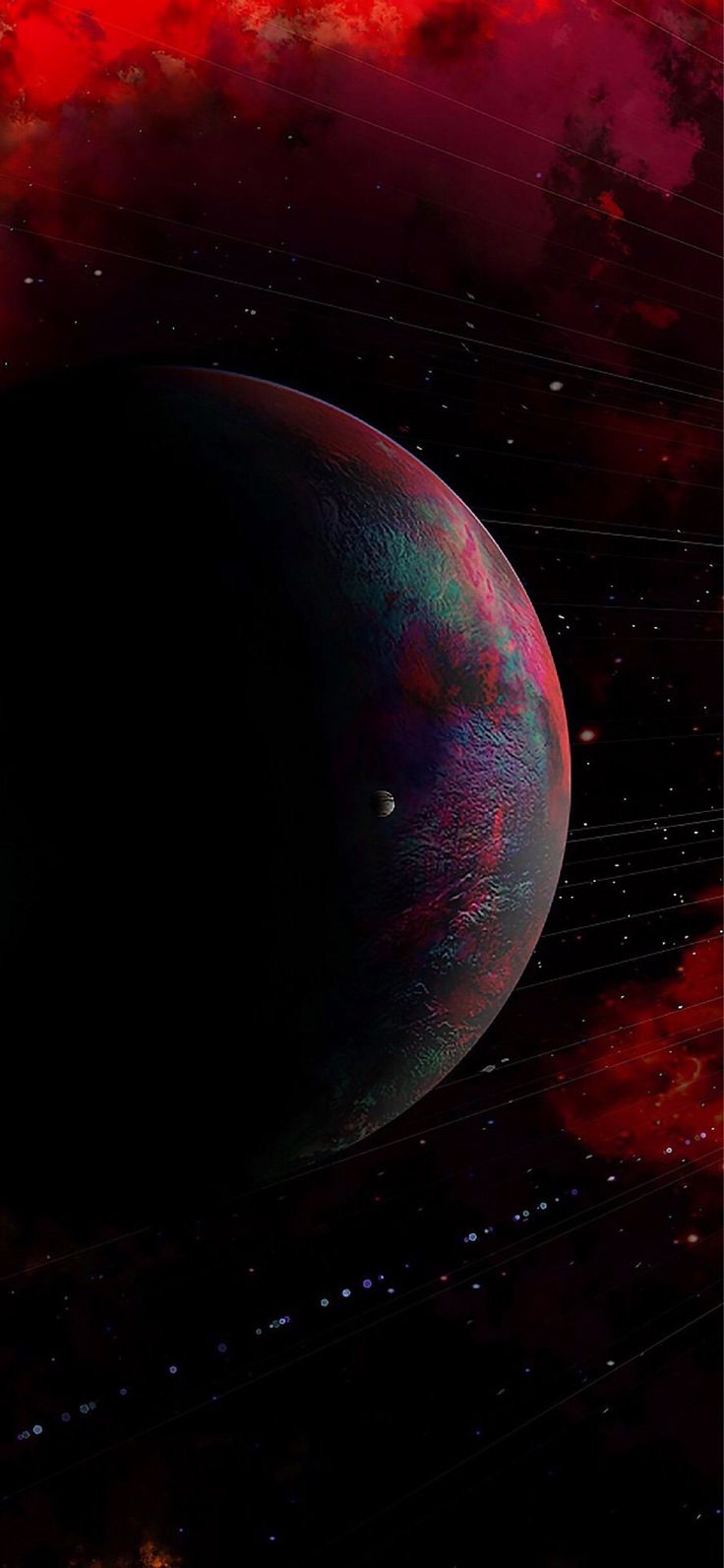 an artist's rendering of a distant object in space with red and blue clouds