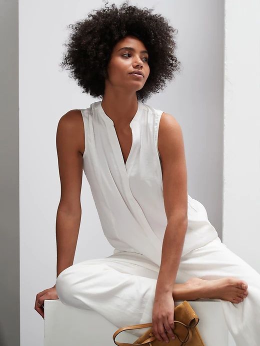 Sleeveless Shirt | Banana Republic Casual Sleeveless Blouse, Sleeveless Button Down Shirt, Hair Pics, Sophisticated Fashion, Sleeveless Shirts, Flowing Fabric, Future Clothes, Test Shoot, Notch Collar