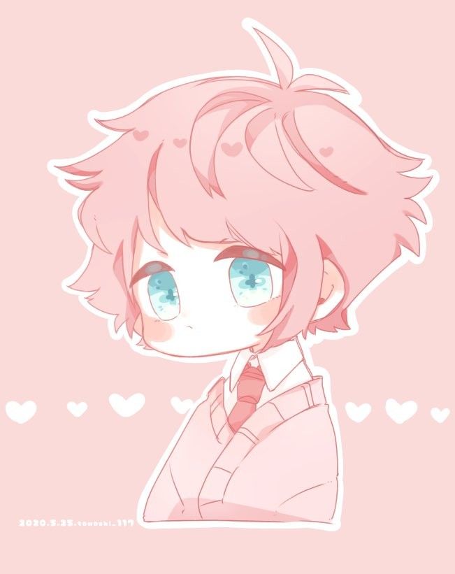 an anime character with pink hair and blue eyes