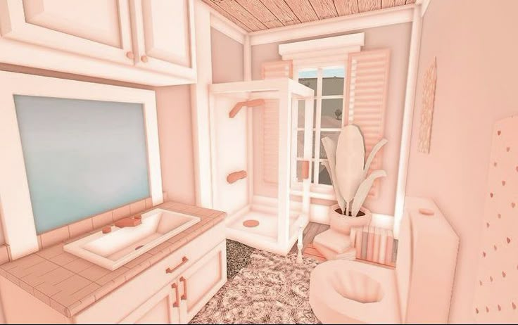 Preppy Bloxburg Bathroom, Beach House Bathroom Bloxburg, Bloxburg Decor, Blush Bathroom, Bloxburg Beach House, Pastel Bathroom, Blush Bedroom, Preppy House, Beautiful Pantry