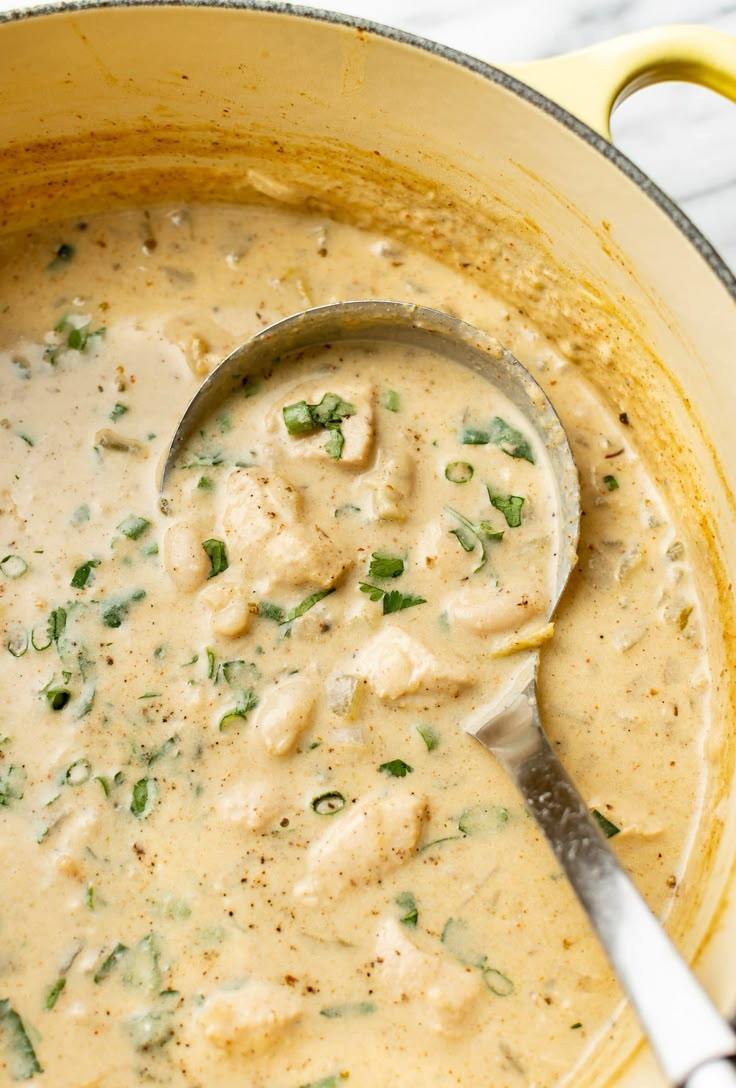 a ladle full of creamy chicken and rice soup