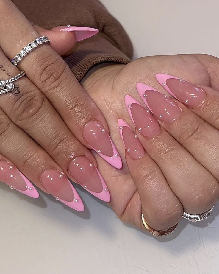 ig: nailsw.a Bday Pink Nails, Baddie Nails Almond, Nails Pink Oval, Pink Birthday Nails Almond, Almond Baddie Nails, Short Pink Stiletto Nails, Pink Gel Stilleto Nails, Pink Almond Nails Design, Stilleto Pink French Tip