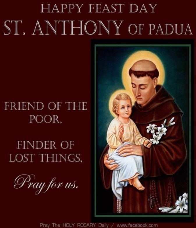 a saint patrick with a child in his arms and the words happy feast day st anthony of