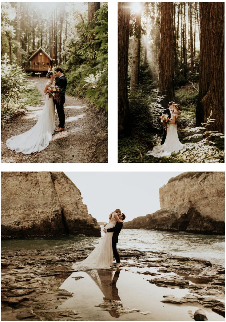 a bride and groom standing in the middle of a river surrounded by trees with their arms around each other