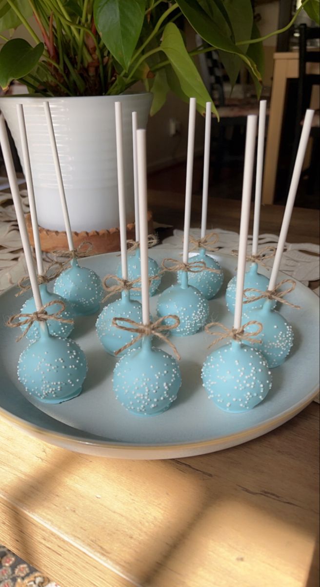 blue cake pops with white sprinkles are arranged on a plate in front of a potted plant