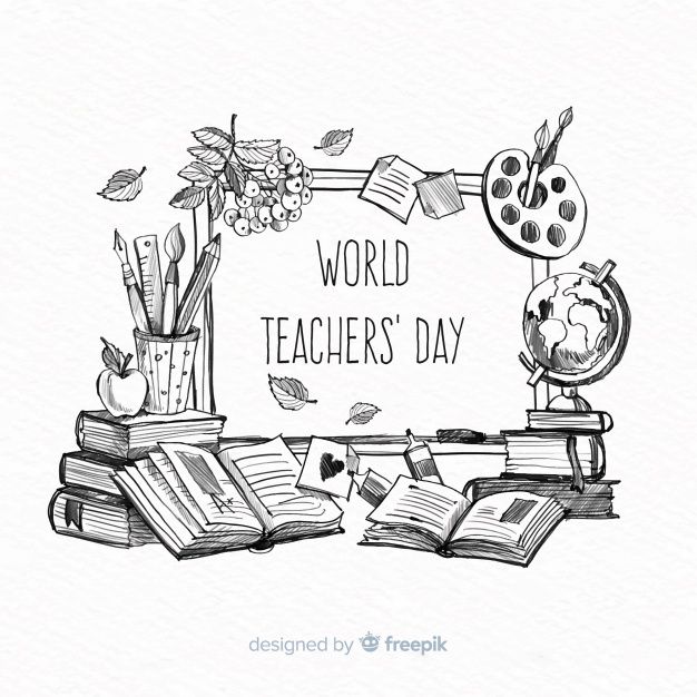 the world teachers'day poster with books and an apple on top, surrounded by school supplies