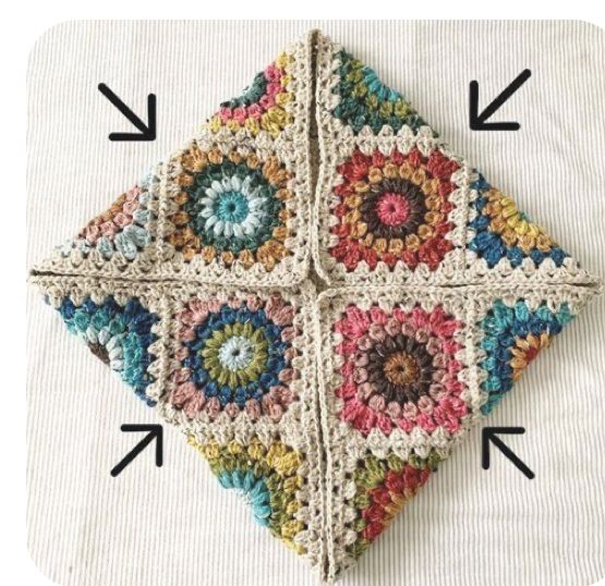 a crocheted square is shown with arrows pointing to the center