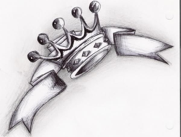 a pencil drawing of a crown on top of a ribbon with an arrow around it