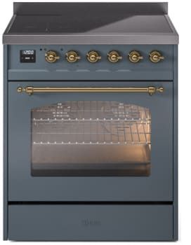 a blue oven with two burners and gold trimmings on the front door