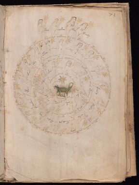 an old book with writing on it and a goat in the center, surrounded by stars