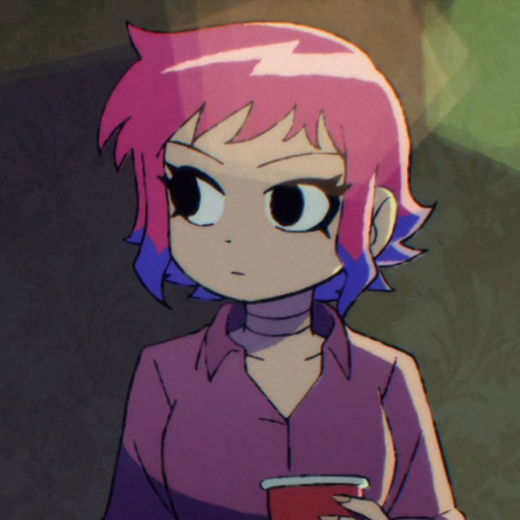 an anime character with pink hair holding a cup