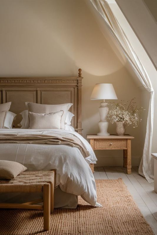 a bed with white linens and pillows in a bedroom under a slanted ceiling