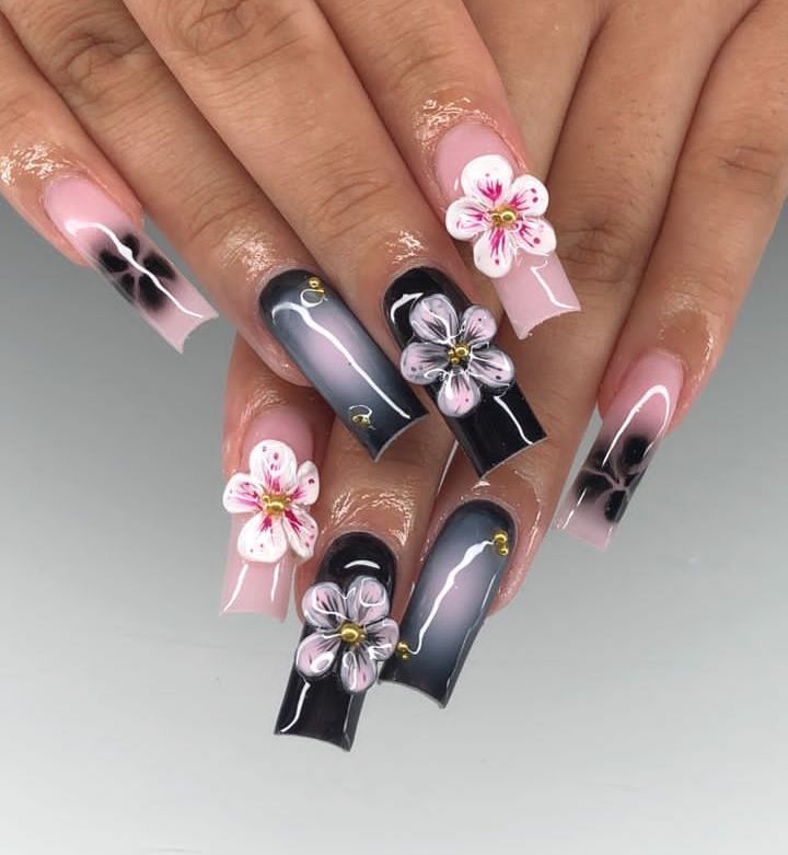 Orchid Nails Square, Black Flower Nails, Pink Ombre Nails, Girly Acrylic Nails, Unique Acrylic Nails, Bling Acrylic Nails, Short Acrylic Nails Designs, Nails Pink, Pink Acrylic Nails