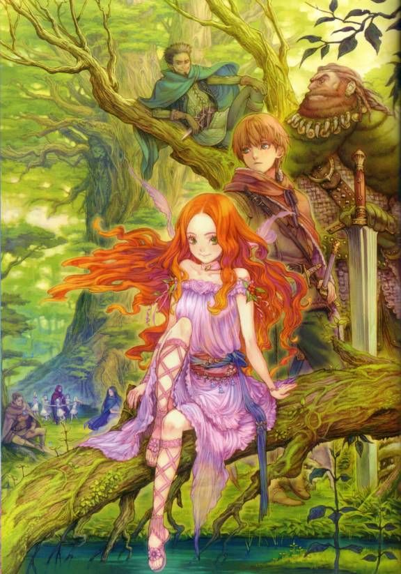 an anime character sitting on top of a tree next to another character in the woods