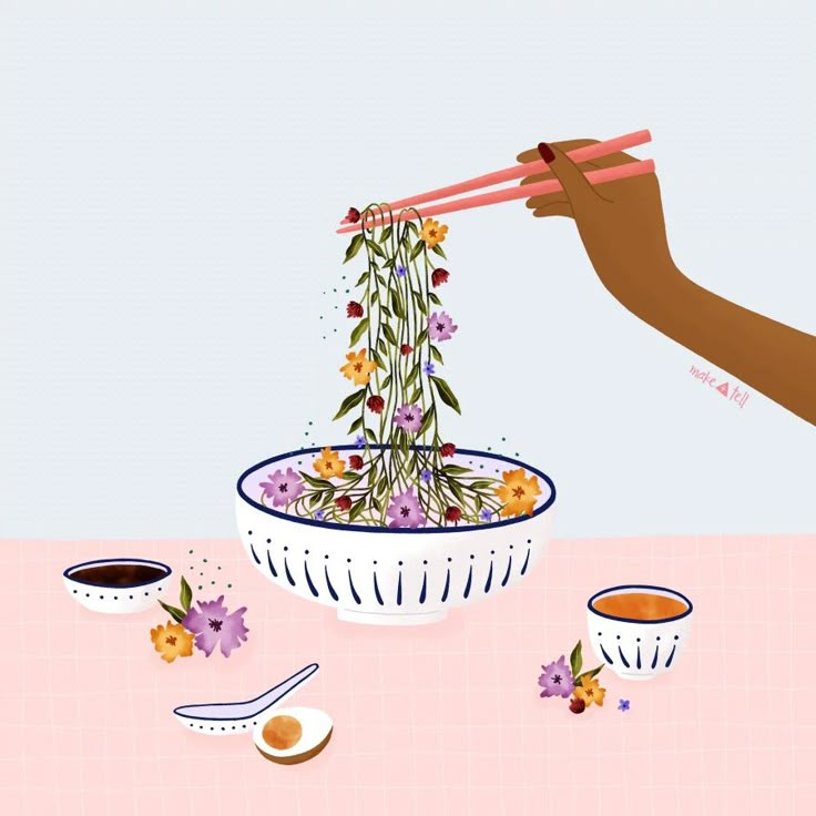 a person is holding chopsticks over a bowl of food with flowers on it