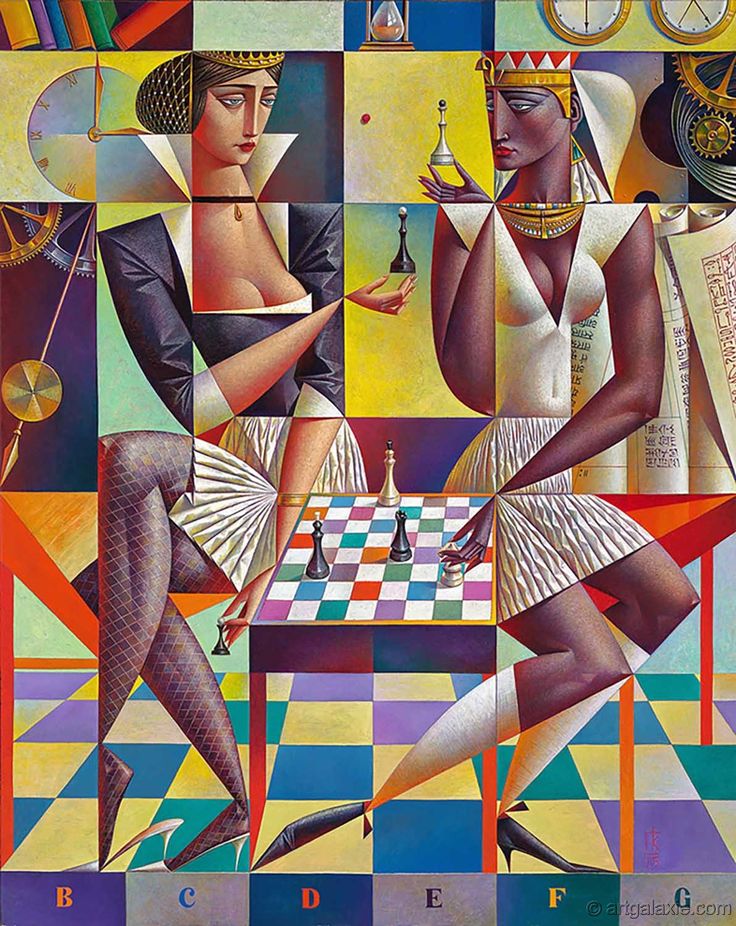 a painting of two women playing chess