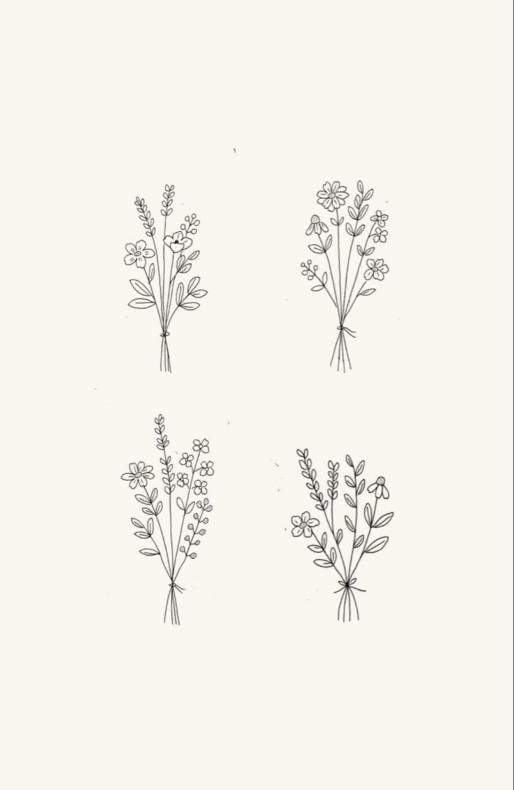 four different types of flowers are shown in black and white on a sheet of paper