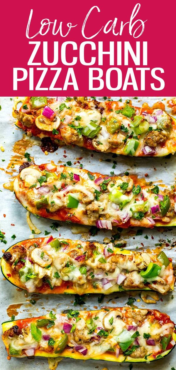 four stuffed zucchini boats on a baking sheet with text overlay that reads, you can cook zucchini pizza boats