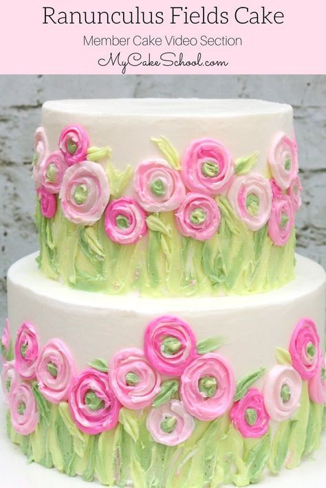 a three tiered cake decorated with pink and green icing flowers on a white pedestal