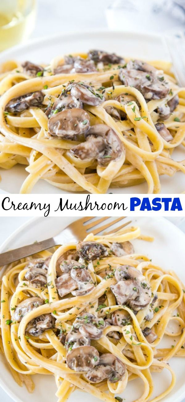 two pictures of pasta with mushrooms and parmesan cheese on the side, one has a fork in it