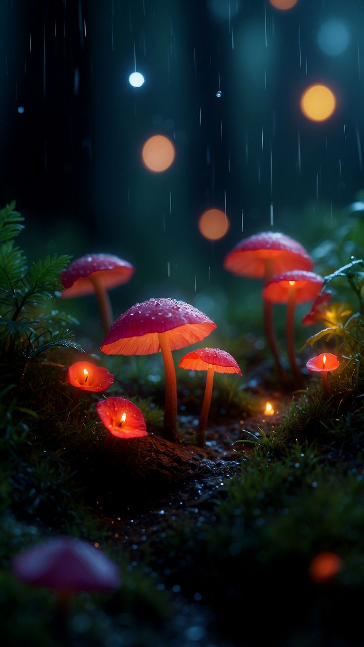 glowing mushrooms in the rain with candles