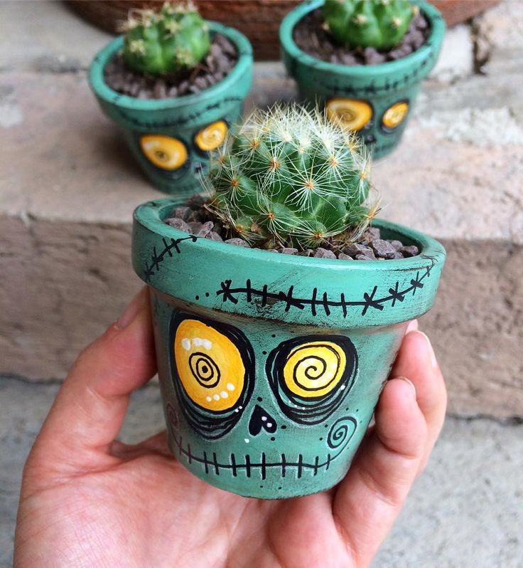 a hand holding a potted plant with skulls painted on it