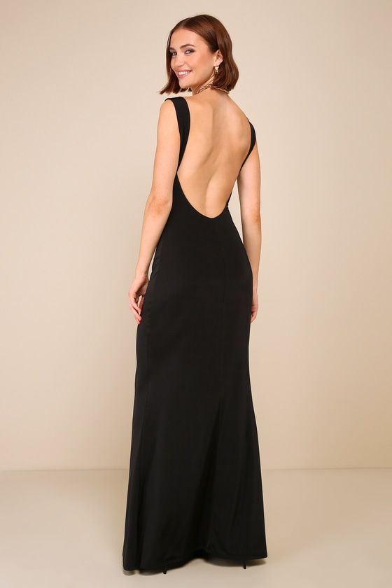 The Lulus Inspiring Glamour Black Backless Column Maxi Dress is a compliment-worthy look that'll effortlessly impress everyone you meet! This figure-flaunting gown has a slinky jersey knit construction that shapes a subtle cowl neckline, slender tank straps, and a sleeveless bodice with an alluring open-back design. The flattering column silhouette continues down to a sweeping maxi hem for the most elegant finish. Fit: This garment fits true to size. Length: Floor length. Size medium measures 52 Black Formal Dress Lulus, Backless Drape Dress, Backless Long Black Dress, Elegant Open Back Dress, Back Of The Dress Ideas, Cute Backless Dress, Prom Open Back Dresses, Backless Mini Dress Classy, Black Full Length Dress