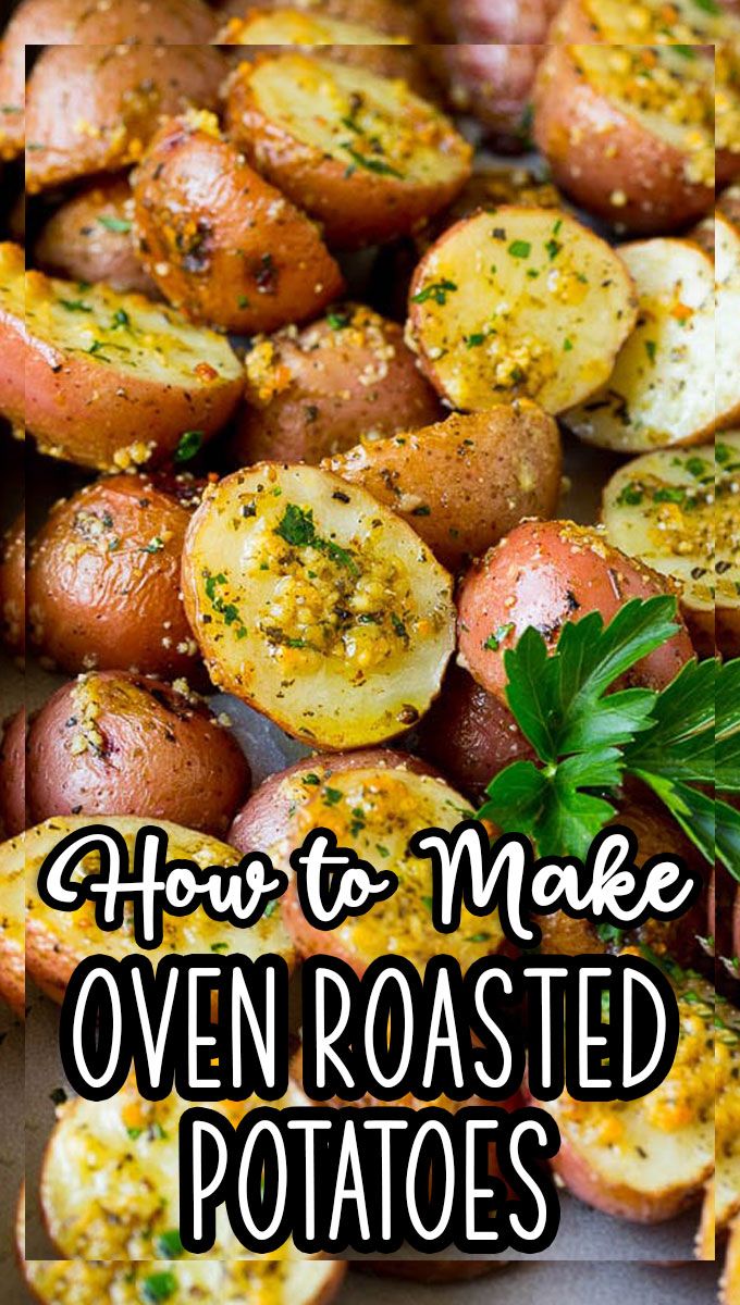 baked potatoes with herbs and seasoning on top, in a baking pan text overlay reads how to make oven roasted potatoes