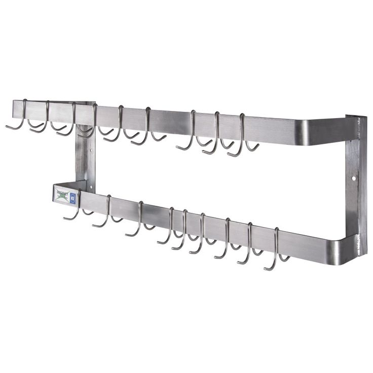 a wall mounted metal rack with hooks on the bottom and one hanging from it's side