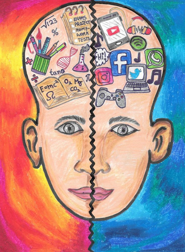 a drawing of a man's head with different types of social media on it