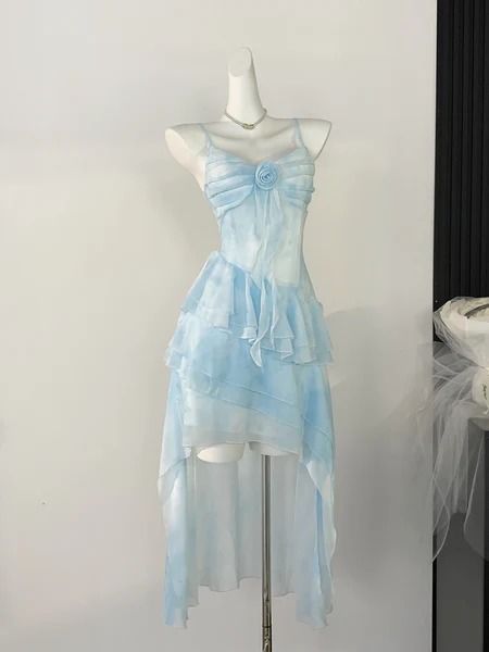 Ice Extract Sea Salt Pure Desire Sweet Waist Holiday Suspender Dress – Ncocon Ice Blue Formal Dress, Dress Inspo Summer, Blue Dresses Aesthetic, Silvermist Outfit, Ice Themed Outfit, Prom Dress Outfits, Water Themed Outfits, Light Blue Outfits, Ice Outfit