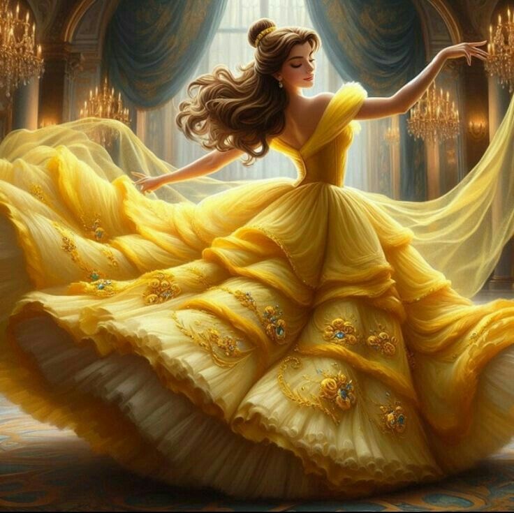 a painting of a woman in a yellow dress with her hair blowing in the wind