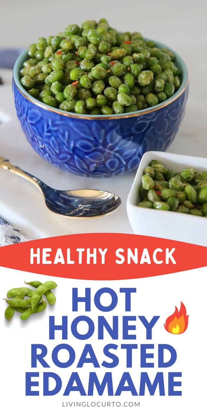 a blue bowl filled with green beans next to two small bowls full of cooked edamame