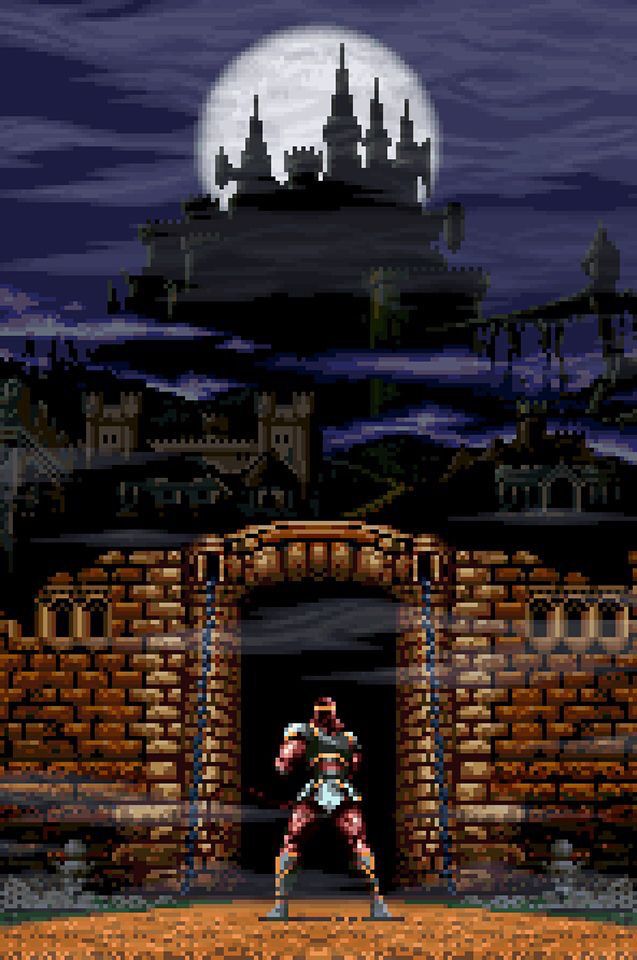 an old - school video game is shown in front of a full moon and castle