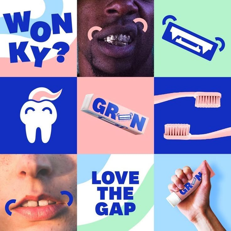 a collage with toothbrushes, chewing gum and love the gap on it