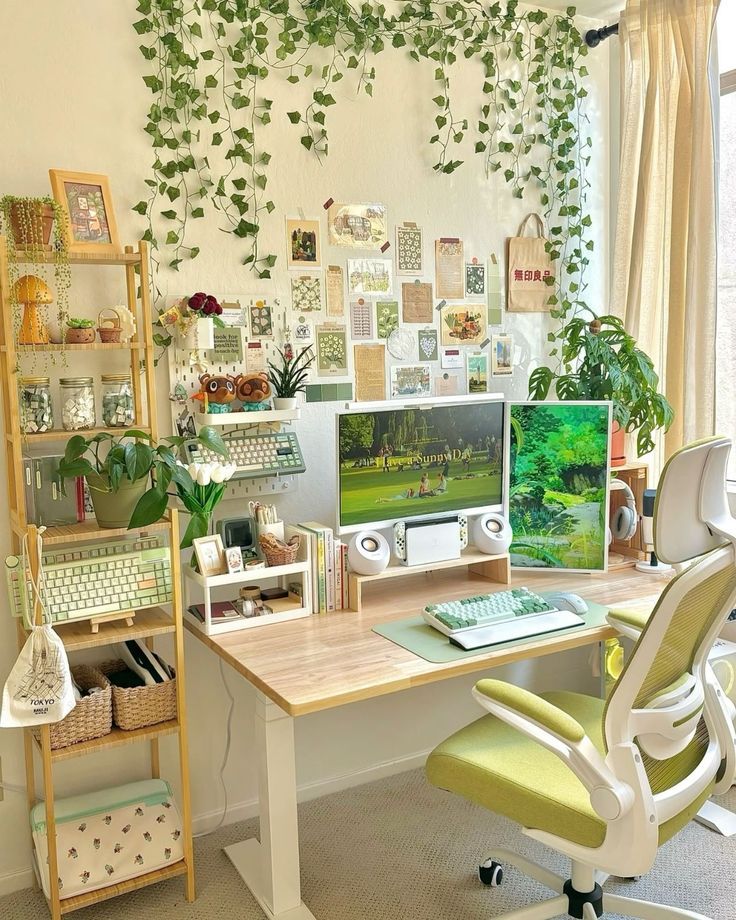 a home office with plants and pictures on the wall above the desk, along with a computer