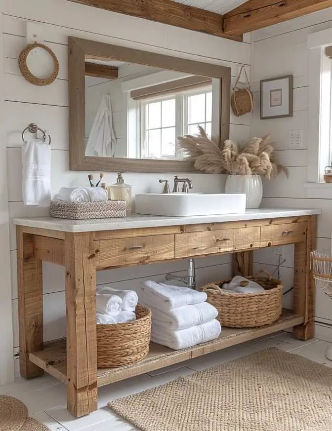 a bathroom with two sinks, mirrors and baskets on the counter top in front of it