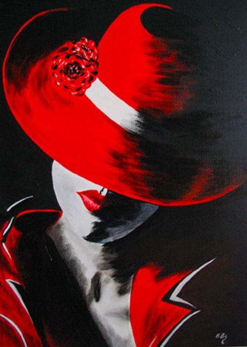 a painting of a woman wearing a red hat with flowers in her hair and the words feliz viernes xox