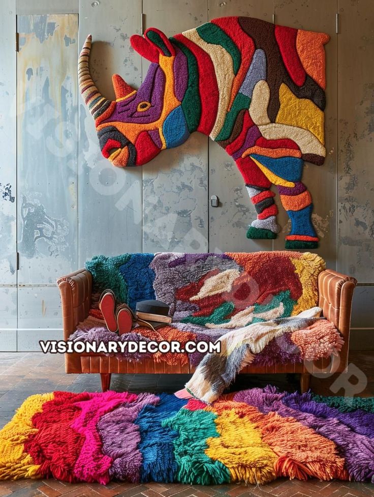 a colorful couch sitting in front of a wall with an animal sculpture on top of it