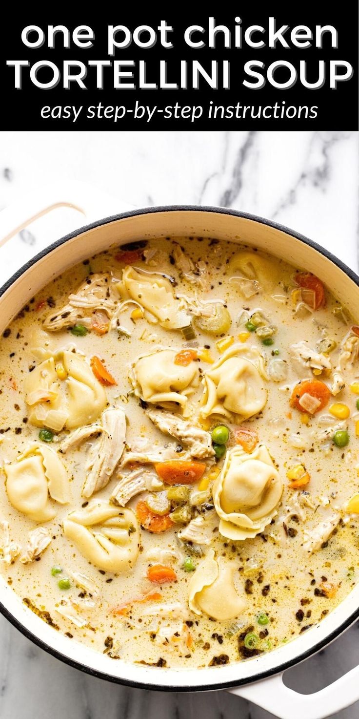 a pot filled with tortellini soup on top of a marble counter