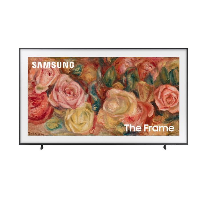 the frame has flowers painted on it and is white with black lettering that says samsung