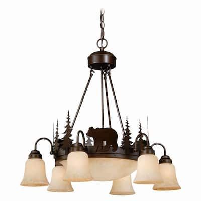 a chandelier with five lights hanging from it's center and bear silhouettes on the bottom